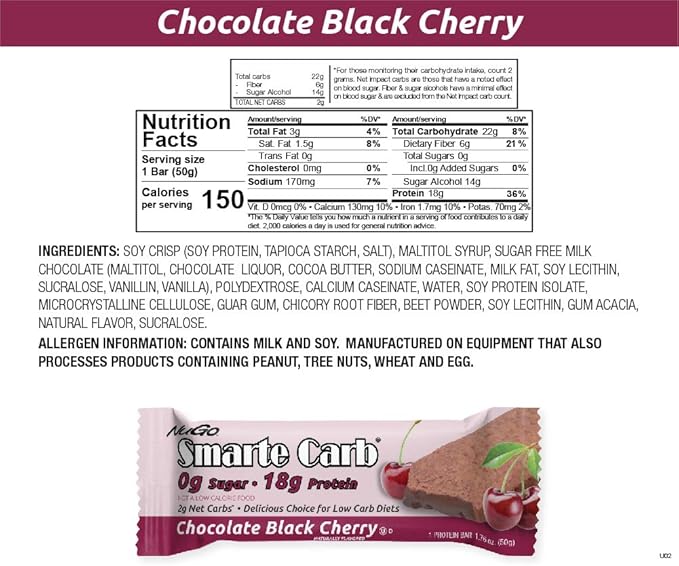 NuGo Smarte Carb Chocolate Black Cherry 18g Protein 12 Count and Peanut Butter Crunch 20g Protein 12 Count Bundle