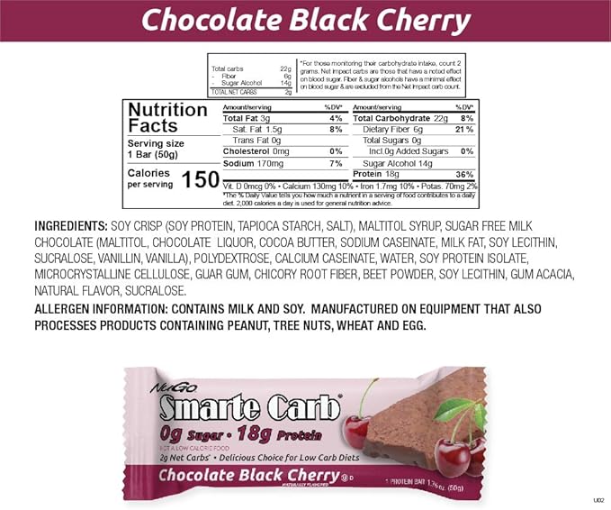 NuGo Smarte Carb Chocolate Black Cherry 18g Protein 0g Sugar 2g Net Carbs 150 Calorie 12 Count