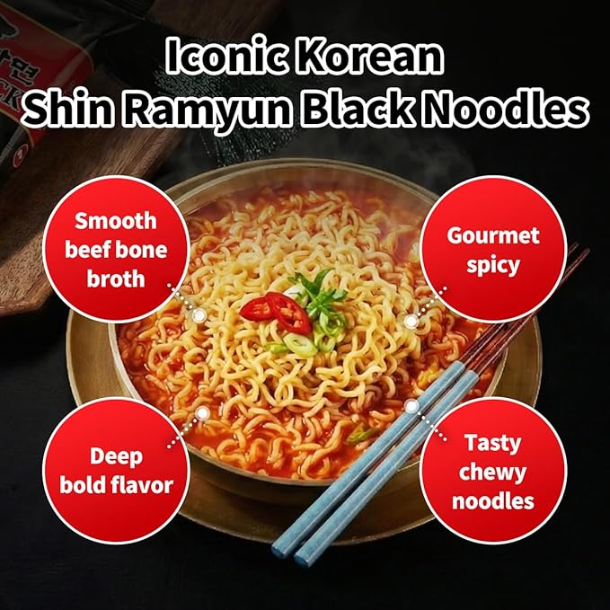Nongshim Shin Ramyun Black Noodles Spicy Korean Signature Instant Ramyun Rich Beef Bone Broth Pantry Essential Korean Noodles Quick and Easy 4.58 oz (Pack of 16)