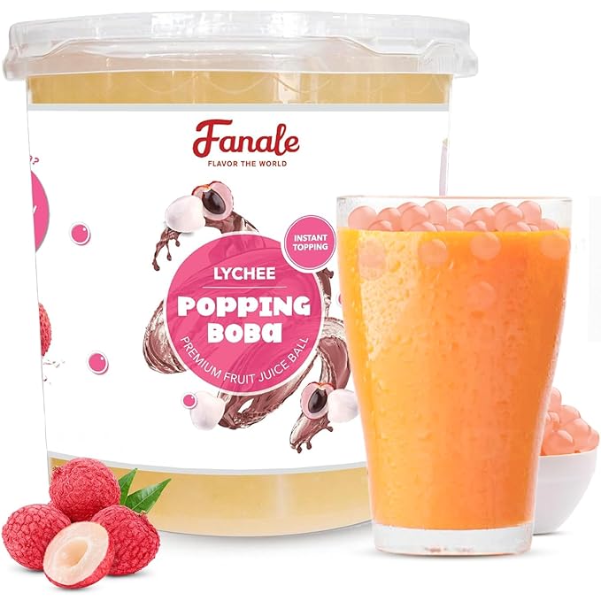 Fanale Lychee Popping Boba Pearls Vegan Non GMO Gluten Free Fat Free Perfect for Bubble Tea Smoothies Ice Cream Desserts and Beverages.