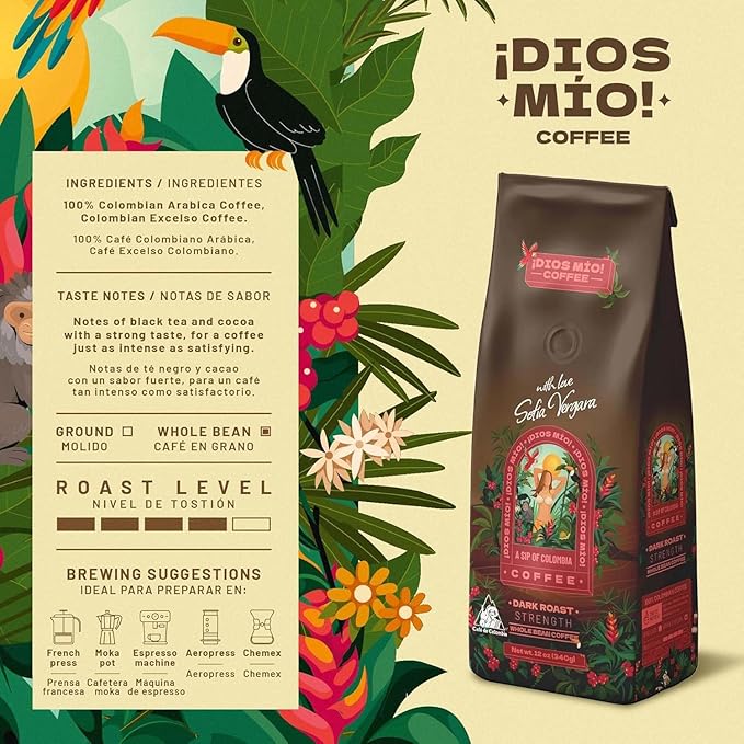 Dios Mio Coffee by Sofia Vergara Dark Roast Whole Bean Premium Colombian Coffee 12 Ounce Bag (Pack of 3)