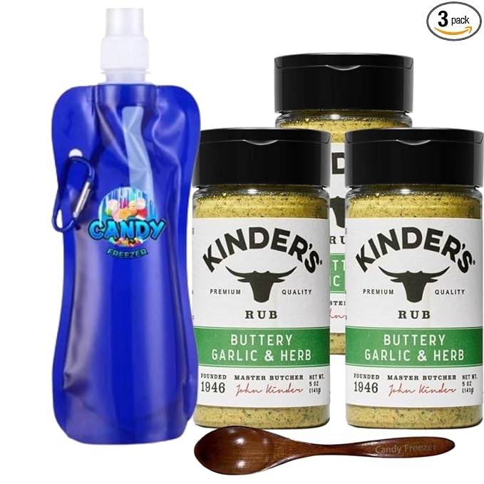 Kinder’s Seasoning Rub Premium Barbecue BBQ Spice pack of 3 5.1 oz. each (15.3 oz) + Candy Freezer Collapsible Bottle &amp Wooden Spoon (Buttery Garlic &amp Herb)