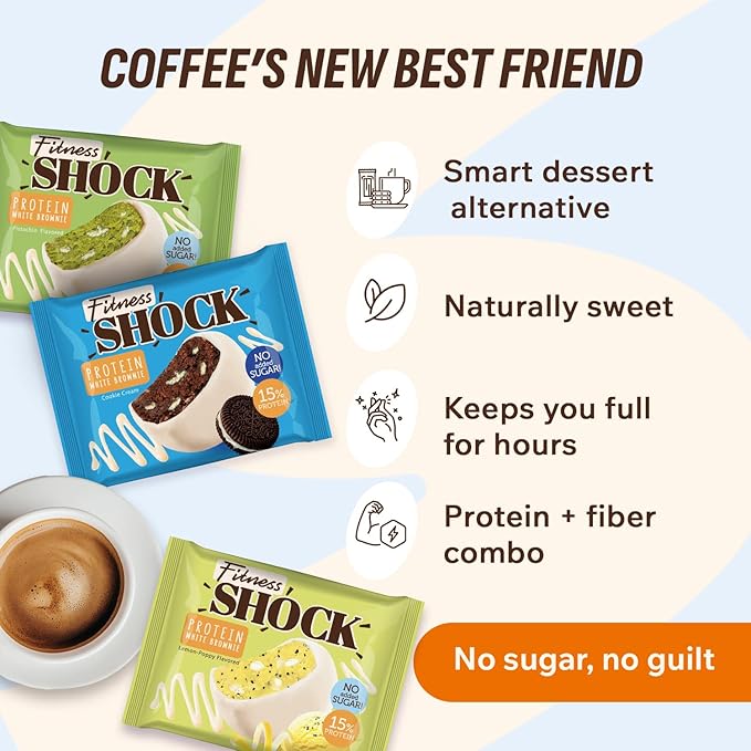 FitnesSHOCK White Chocolate Protein Brownie Variety Pack – Low Sugar Dessert Snack (2g Total Sugar No Added Sugar) – Pistachio Cookies Cream &amp Lemon Poppy – Healthy Snack Pack – 10 Count