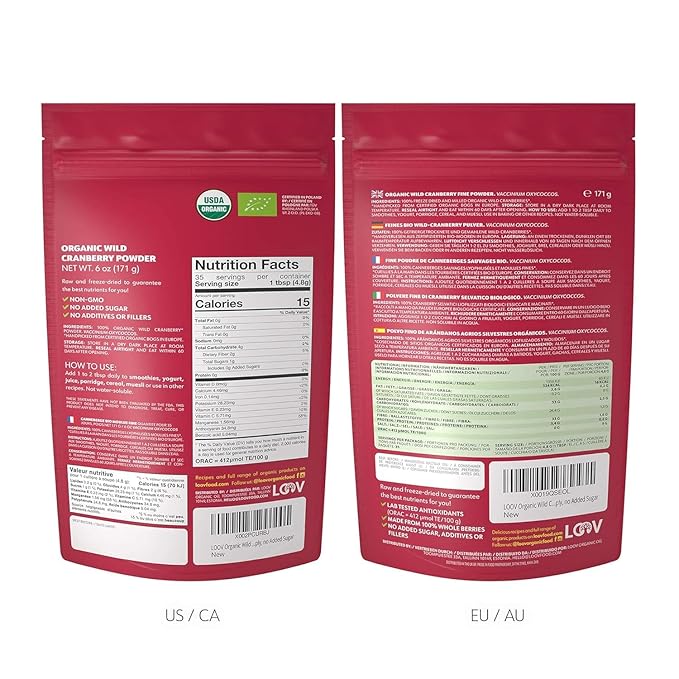 Organic Freeze-Dried Cranberry Powder – Pure 100% Natural Wild Whole Fruit Certified Organic from Nordic Forests – Non-GMO No Added Sugar – 6oz (35 Servings)