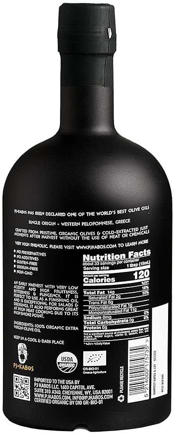 2024 Gold Award Winner Very High Phenolic (600+mg/kg) USDA Organic Greek Extra Virgin Olive Oil Robust Intensity Kosher Greece Cold Extracted 16.9 oz Bottle PJ KABOS “Family Reserve Organic -