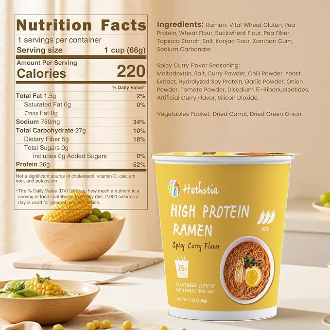 Hethstia High Protein (26g) Ramen Cup Noodles Spicy Curry Flavor 6 Count Plant Based Vegan Noodle Soup Non Fried Low Sugar Low Fat Ready to Eat Healthy Asian Meal &amp Holiday Gift