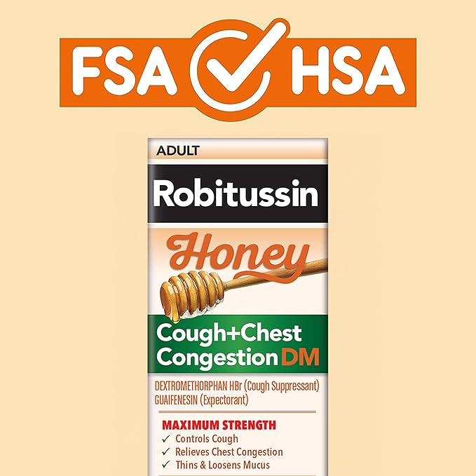 Robitussin Maximum Strength Honey Cough Plus Chest Congestion DM Cough Medicine for Cough and Chest Congestion Relief Made with Real Honey for Flavor - 8 Fl Oz x 2