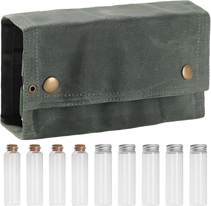 9 Pcs Compact Travel Spice Set Foldable Canvas Seasoning Kit With Glass Vessels Army Green For Bbqs And Outdoors