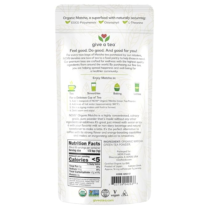 NOW Foods Certified Organic Matcha Green Tea Powder Non-GMO Project Verified 3-Ounce (Pack of 2)