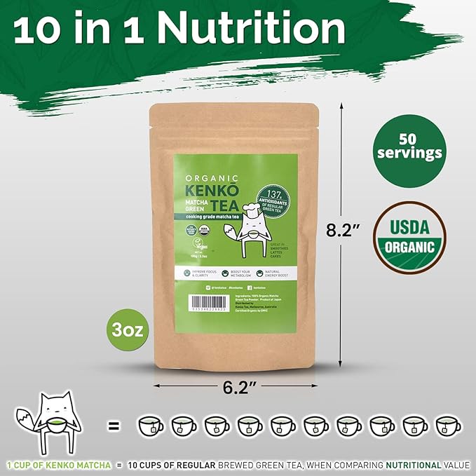 Kenko Matcha Green Tea Powder [USDA Organic] Culinary Grade Matcha Powder for Lattes Smoothies and Baking [100g Bag = 50 Servings]