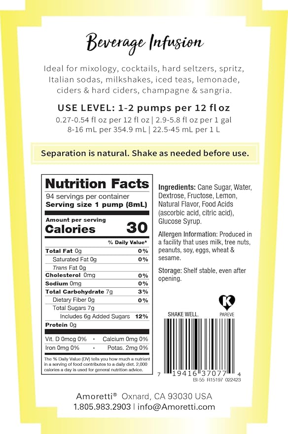 Amoretti - Limoncello Beverage Infusion (10 lbs) - Drink Mix &amp Water Enhancer with Pump for Flavoring Cocktails Waters Teas Mocktails and other Beverages Preservative Free Gluten Free