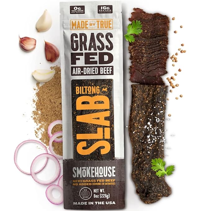 Made by True Smokehouse Biltong Slab - Premium Grass-Fed Beef Jerky Slab (8 oz Pack of 1) - High-Protein Smoky Keto Snack Natural &amp Gluten-Free Antibiotic-Free Zero Carb Uncut Charcuterie Sla