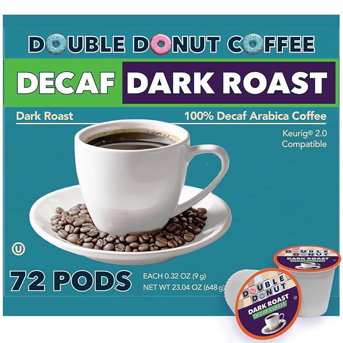 Double Donut Coffee Decaf Extra Bold Blend Dark Coffee pods Dark Roast Coffee Compatible with Keurig K Cups Brewers 72 Count