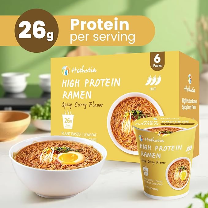 Hethstia High Protein (26g) Ramen Cup Noodles Spicy Curry Flavor 6 Count Plant Based Vegan Noodle Soup Non Fried Low Sugar Low Fat Ready to Eat Healthy Asian Meal &amp Holiday Gift