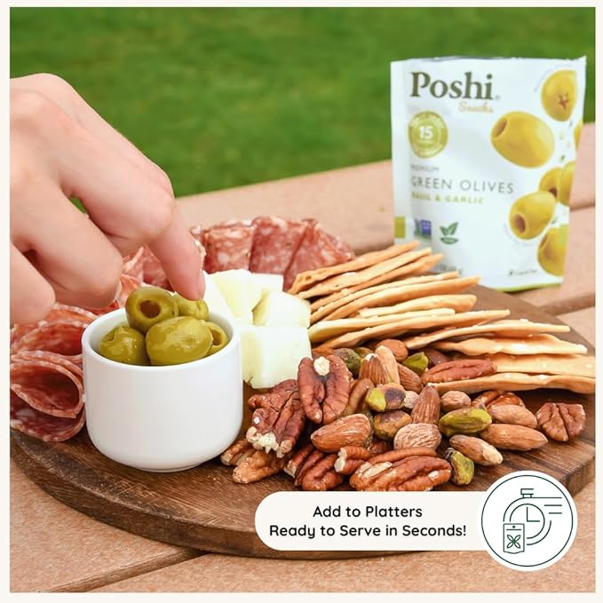 POSHI Green Pitted Olives - Basil &amp Garlic | Vegan Kosher Gluten Free + Keto Friendly Fresh Low Calorie Healthy Snacks | (30 Pack 1.1oz Bags)