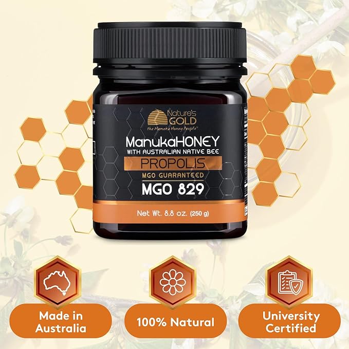 Nature’s Gold Raw Manuka Honey with Australian Native Bee Propolis MGO 829+ | 8.8oz (250g) 100% Pure Genuine Traceable Hive to Home