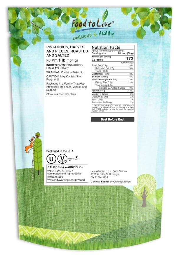 Food to Live Pistachios Halves and Pieces Roasted and Salted 1 Pound – Crunchy Delicious and Nutrient-Rich Snack High in Protein and Fiber Nuts Perfect for On-the-Go Salads or Baking Vegan K