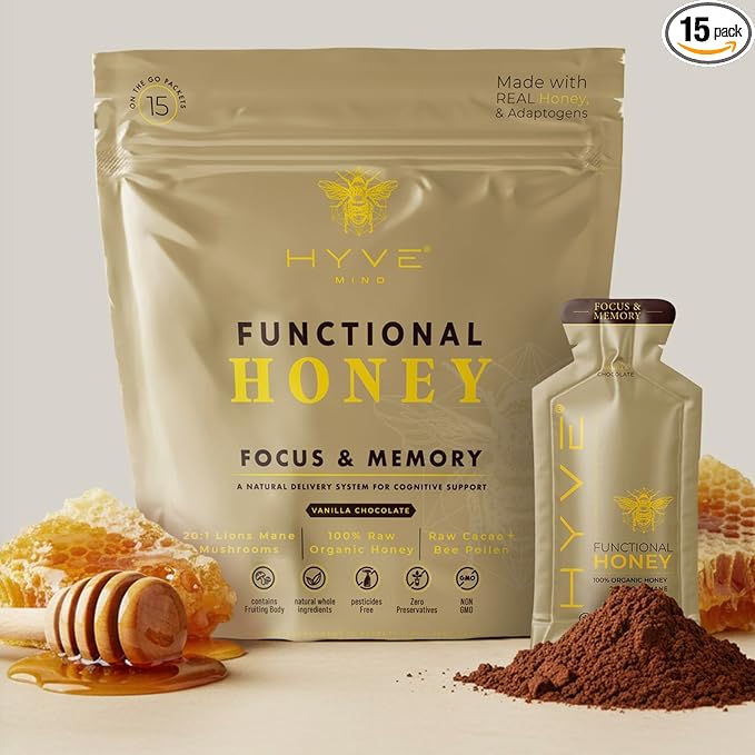 HYVE Mind Functional Honey – Focus &amp Memory Organic Honey with Lion's Mane Mushrooms Raw Cacao Bee Pollen &amp L-Theanine – Cognitive Support 15 Packets