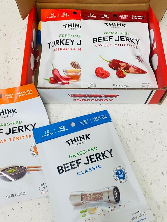 Think Jerky Grass Fed Beef Free Range Turkey Jalapeno Chipotle Sriracha Variety Pack | Snack BOX Care Package (10 Count) | Fathers Day Holiday Birthday Student Teachers Back to School College Gif