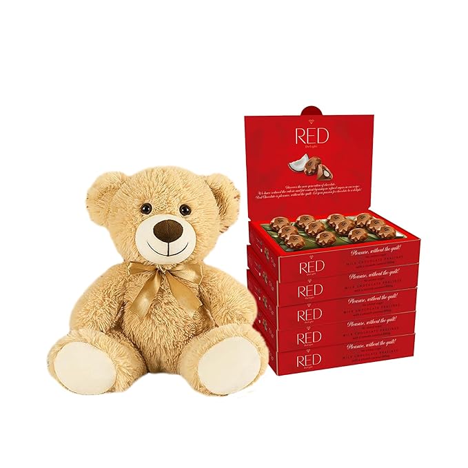 RED Delight®™ Milk Chocolate Diamond Truffles - with Coconut Filling (5 Boxes (4.66 OZ EACH) + 14 Plush Teddy Bear)