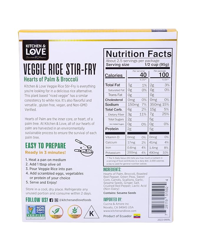 Kitchen &amp Love Hearts of Palm Veggie Rice Stir Fry Low Carb Low Calories Plant Based Non GMO Gluten Free Rice Alternative Vegan Easy to Prepare Quick Meal 8 Oz (Pack of 6)