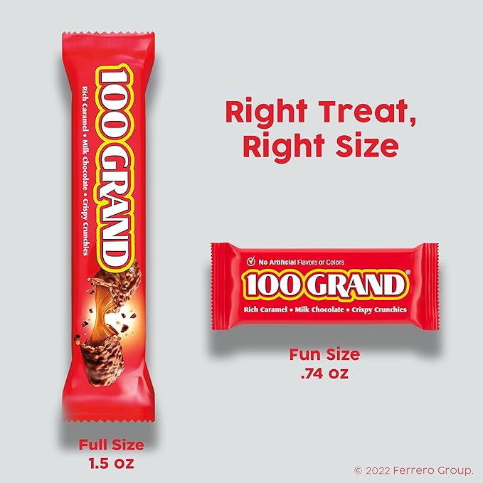 100 Grand Crispy Milk Chocolate with Caramel Full Size Individually Wrapped Candy Bars 1.5 oz each Bulk 36 Count Box