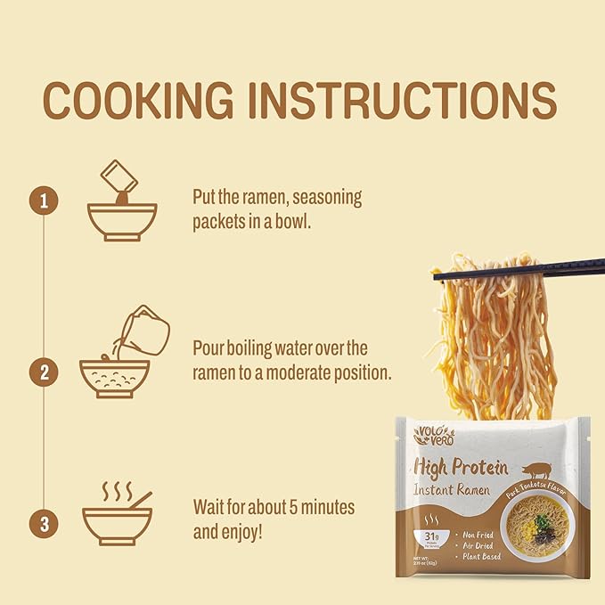 VOLO VERO High Protein (31g) Instant Ramen Pork Tonkotsu Flavor Soup Plant-Based Air-Dried Non-Fried Low Carb Egg-Free Dairy Free Healthy Meal Ready to Eat 8 Pack