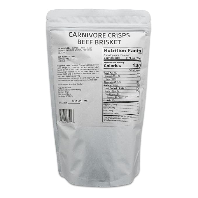 Carnivore Crisps Grass-Fed and Finished Beef Brisket Beef Crisps ZERO SUGARHigh Protein Keto &amp Carnivore Diet Approved Gluten-Free No Hormones 3.75 oz (Pack of 3)