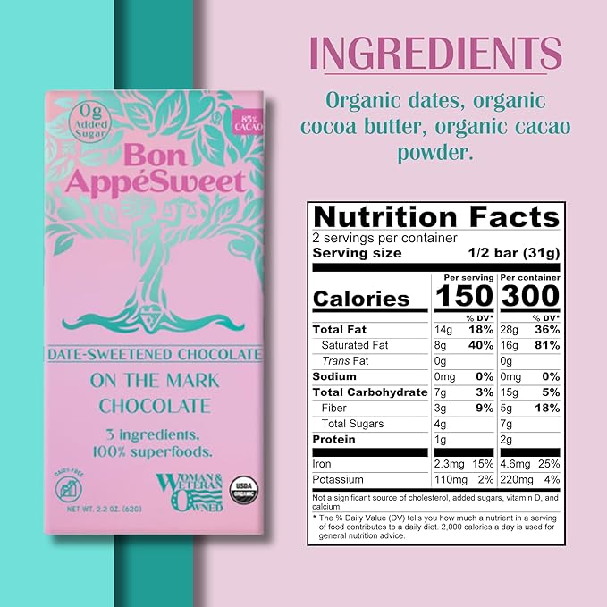 Bon Appesweet Date Sweetened Chocolate Bar - Darker Variety Pack | 2.2 Ounce (Pack of 3) | Organic Zero Added Sugar 70-85% Cacao Plant Based Dairy Free and Guilt Free!
