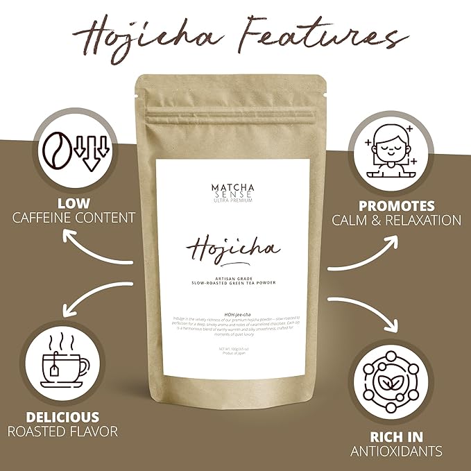 Matcha Sense - Authentic Japanese Hojicha Powder - Premium Slow Roasted Green Tea Low Caffeine Coffee Alternative Easy Resealable Pouch - 100g Value Size