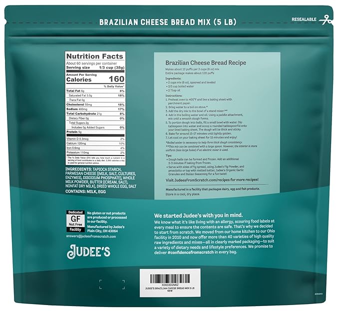 Judee's Brazilian Cheese Bread Mix 5 lb - Non-GMO and Just Add Water- Great for preparing in advance and making fresh - Gluten-Free and Nut Free Facility