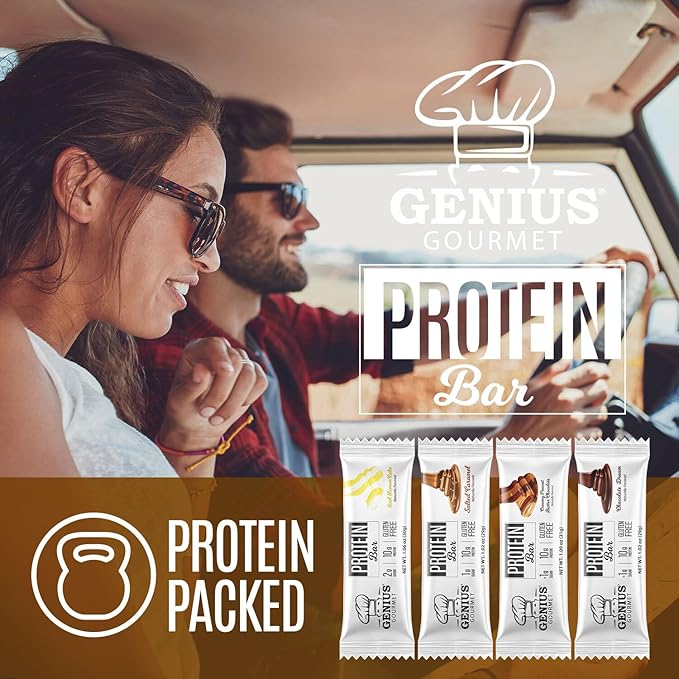 Genius Gourmet Protein Bar Salted Caramel Keto Snack Low Carb Low Sugar &amp Gluten Free Protein Snacks for Adults 10G of Whey Protein per Protein Bar 5 Net Carbs 20 Count
