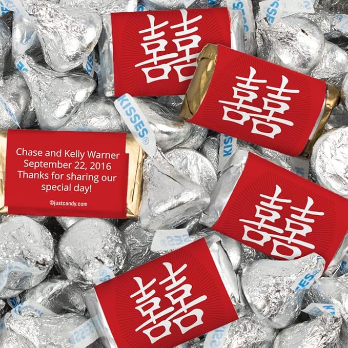 128 Pcs Personalized Wedding Candy Party Favors Wrapped Miniatures and Kisses (1.58 lbs) - Chinese