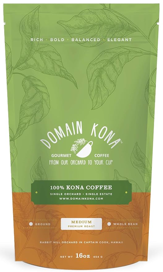 100% Kona Coffee – GROUND Medium roast Single estate gourmet coffee 16 ounces Farm fresh roasted from Domain Kona Coffee