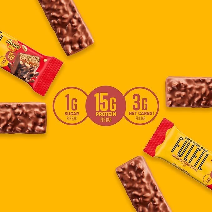 FULFIL Chocolate Peanut Butter Flavored Protein Bar Made with REESE's Peanut Butter Gluten Free with 15g Protein Pantry Staples 12 Count