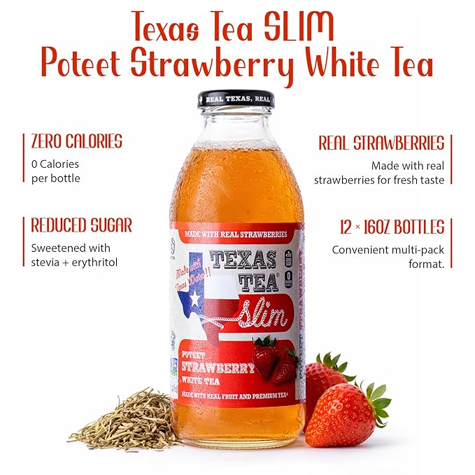 Texas Tea SLIM Poteet Strawberry White Tea – Zero Calories Reduced Sugar Organic White Tea with Real Texas Strawberries Small-Batch Brewed 12-Pack 16oz Glass Bottles