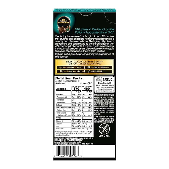 Perugina Dark Chocolate With Almonds bar 3 Ounce (Pack of 12)