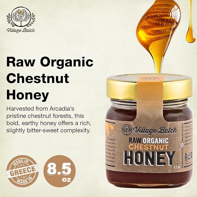 Village Batch Raw Organic Chestnut Honey 8.5oz Jar (Pack of 1) Bold and Earthy Greek.Honey Unfiltered Unpasteurized Rich Flavor Organic Raw-Honey with Mahogany Notes and Mellow Sweetness