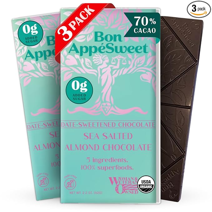 Bon Appesweet Date Sweetened Chocolate Bar - Healthy Dark Chocolate | Sea Salted Almond Chocolate | 2.2 Ounce (Pack of 3) | Organic Zero Added Sugar 70% Cacao Plant Based Dairy Free and Guilt Fre
