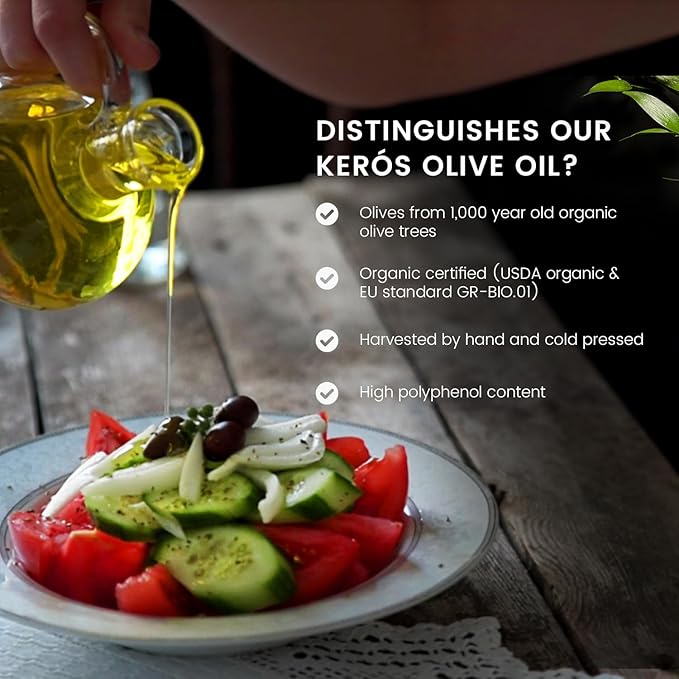 Ancient Foods Keros Organic Extra Virgin Olive Oil Cold Pressed – Greek EVOO High Polyphenol Olive Oil from 1000 Year Old Trees from Greece – Ideal for Cooking Salads &amp Gourmet Dishes – 500ml Bo