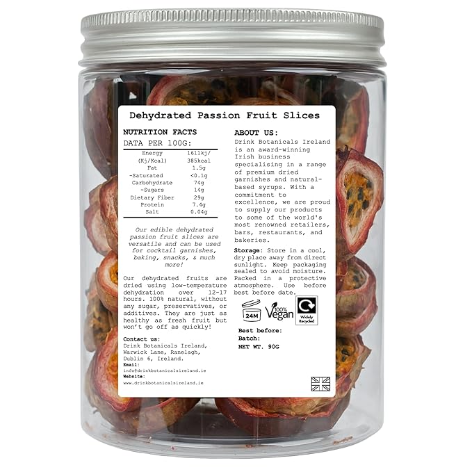 Dehydrated Dried Passion Fruit Slices | 50+ Slices | 100% Natural | Passion Fruit For Garnishing Cocktails Mocktails Cakes | 95 Grams 3.35 oz | PET Recyclable Jar | Drink Botanicals Ireland