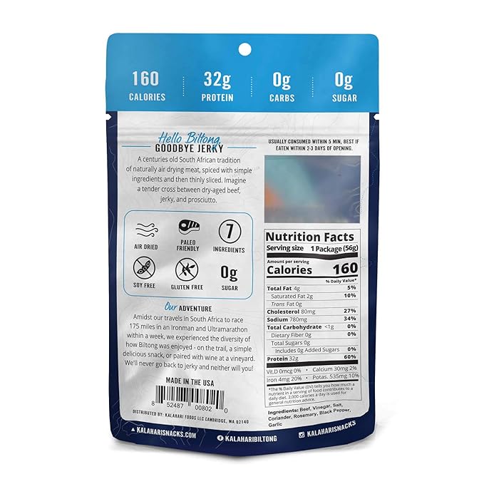 Garlic Kalahari Biltong Air-Dried Thinly Sliced Beef 2oz (Pack of 8) Sugar Free Gluten Free Keto &amp Paleo High Protein Snack