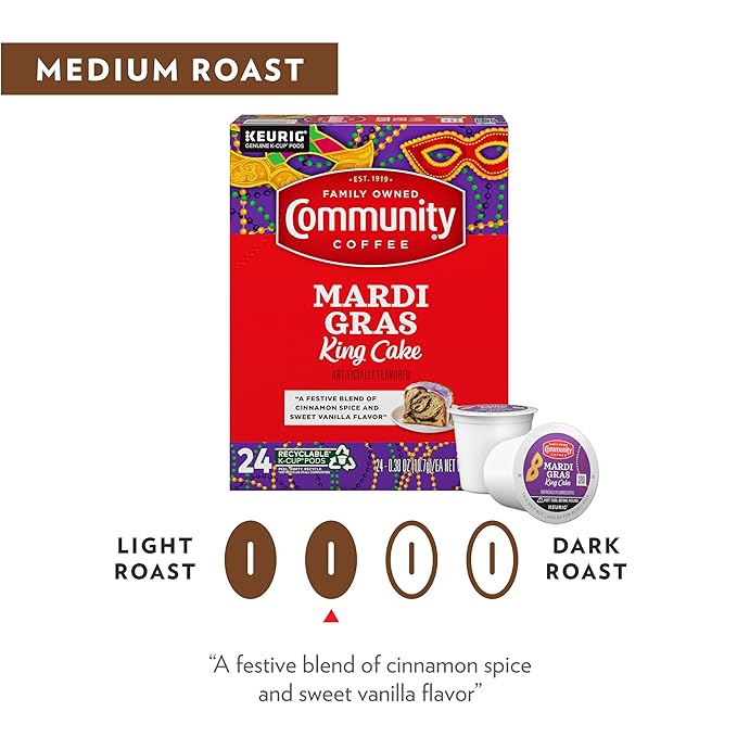 Community Coffee Mardi Gras King Cake Flavored 72 Count Coffee Pods Medium Roast Compatible with Keurig 2.0 K-Cup Brewers 72 Count (Pack of 6)