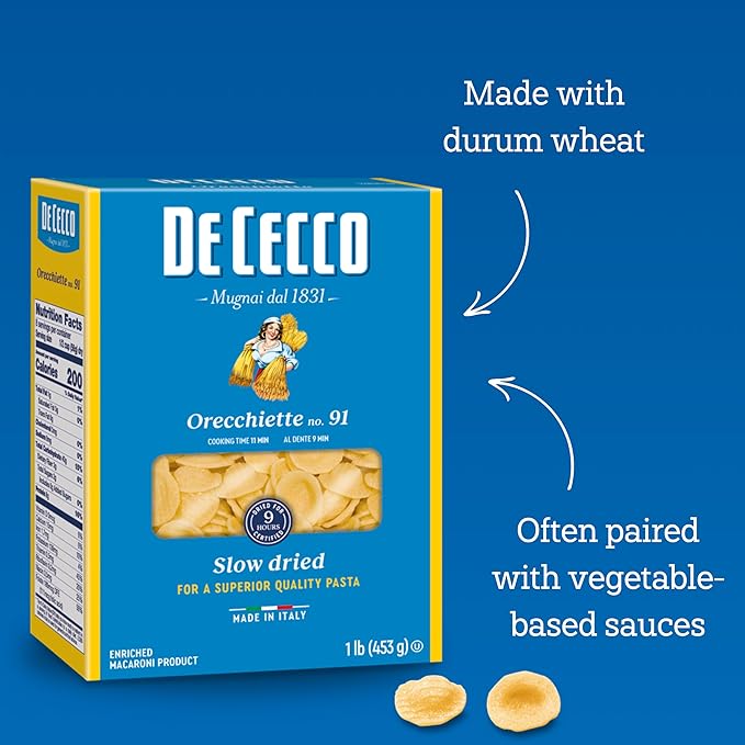 De Cecco Orecchiette No. 91 Pasta 16 Oz (Pack of 12) Authentic Slow Dried Made with Durum Wheat Versatile Pasta for Sauces &amp Recipes Made in Italy