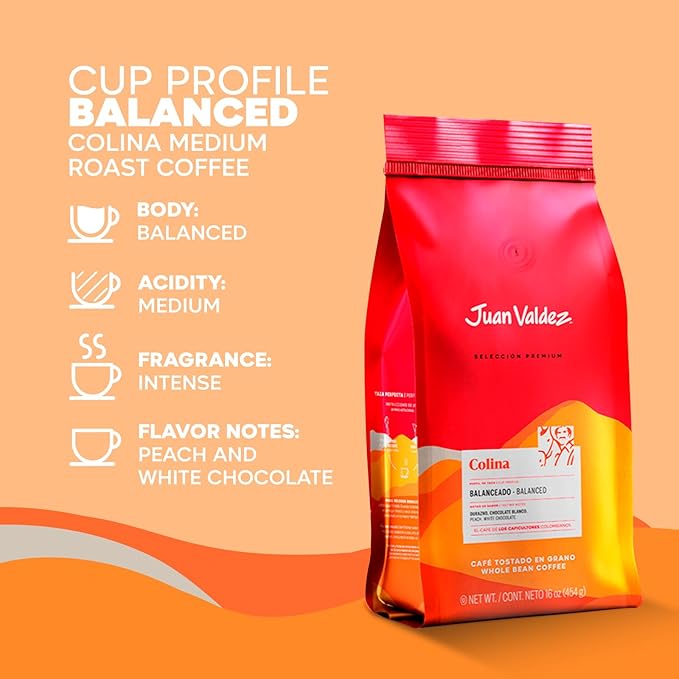 Juan Valdez Colina Whole Bean Coffee - Medium Roast | 16 oz - 100% Colombian Coffee | Unique “Caracolito” Beans with Peach &amp White Chocolate Notes