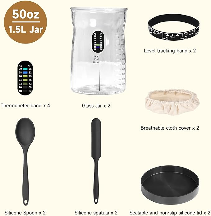 Sourdough Starter Kit -50 Oz Wide Bore and Large Capacity Sourdough Starter JarThermometer Feeding Band- Perfect Sourdough Bread Baking Supplies Baking Gifts(2 Jar)