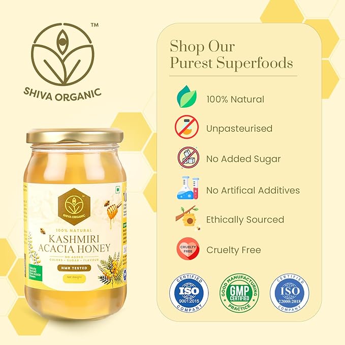 Shiva Organic’s Kashmiri Acacia Honey – Pure Unrefined Raw and 100% Pure Unfiltered Honey – All Natural Without Additives Or Preservatives GMO Free Gluten Free Vegan Kosher Glass Jar 35.27 Ou