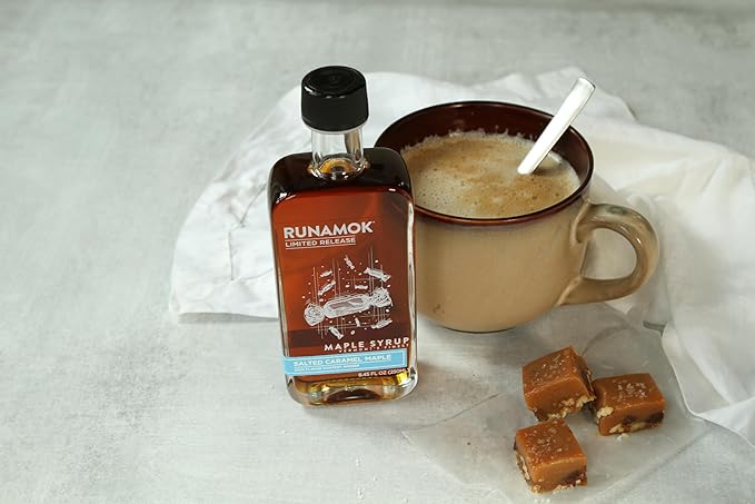 Runamok Maple Salted Caramel Maple Syrup - Authentic &amp Real Vermont Maple Syrup | Gluten Free &amp Natural Sweetener | Breakfast Coffee Pancakes Maple Syrup | 8.45 Fl Oz (250mL)