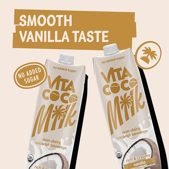 Vita Coco Vanilla Organic Coconut Milk Plant Based Dairy Free Milk Alternative - Gluten Free Soy Free and Unsweetened - Perfect Add to Cereal Smoothies Desserts -33.8 Fl Oz (Pack of 6)