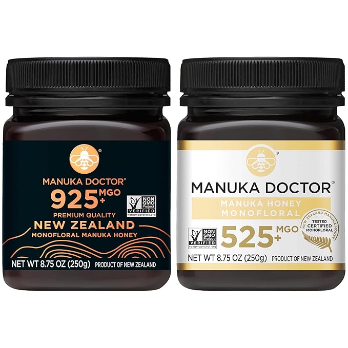 MANUKA DOCTOR - MGO 925+ and MGO 525+ Manuka Honey Monofloral Value Bundle 100% Pure New Zealand Honey. Certified. Guaranteed. RAW. Non-GMO 2 x 8.75oz Pots